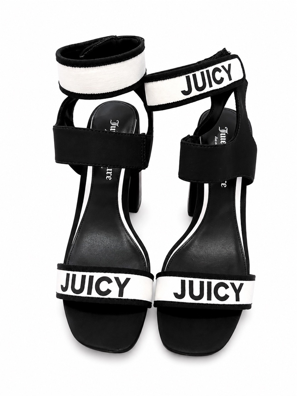 NWOT NEVER WORN Juicy Couture Black and White Logo Strap Heeled Sandals